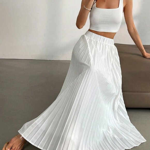 White Casual Women's Tank Top And Pleated Skirt 2-Piece Set - Picture 8 of 8